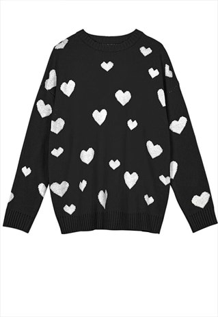 HEART KNITWEAR SWEATER LOVE KNITTED WIDE JUMPER BLACK WHITE