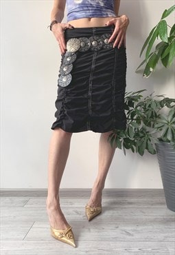 Vintage Y2K 00's Black Creased Ruffle Midi Skirt