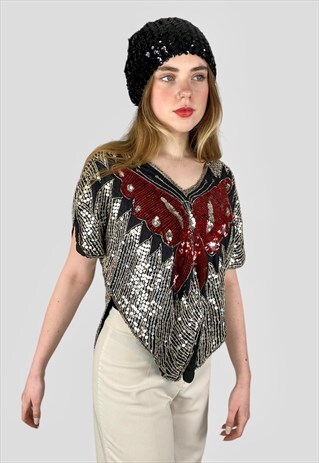 70's Iconic Vintage Ladies Silver Red Butterfly Sequin Top