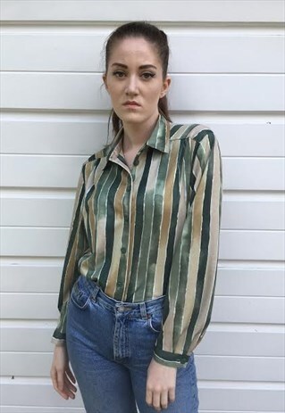 WOMENS VINTAGE 80S BLOUSE PATTERNED GREEN STRIPY SHIRT TOP