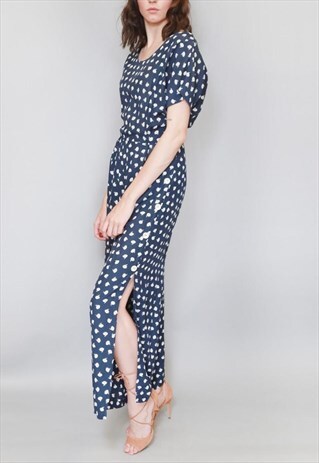 VINTAGE 1980'S BLUE & WHITE FLORAL SIDE SLIT JUMPSUIT