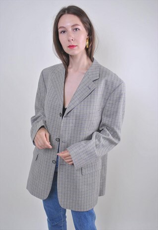 70S GRAY OVERSIZE COTTON PLAID BLAZER
