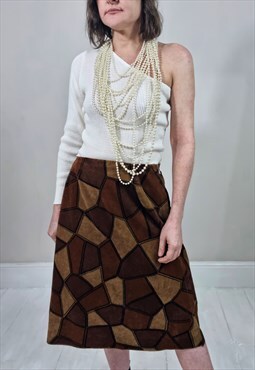 Vintage 70's Brown Suede Faux Patchwork A Line Skirt