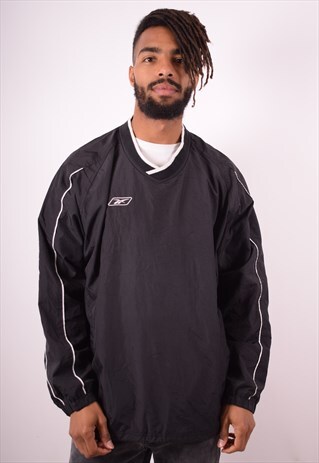 REEBOK MENS VINTAGE PULLOVER TRACKSUIT TOP LARGE BLACK 90S