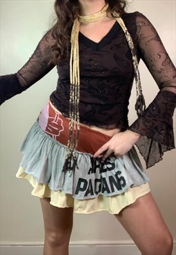 Vintage Y2K brown bell sleeve glitter mesh top 