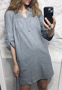Gray Cotton Boho Embroidered Dress - Small