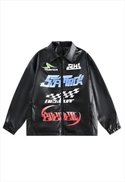 Faux leather racing jacket motorsports college bomber black