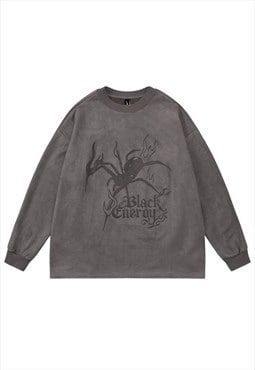 Spider sweatshirt velvet feel thin jumper skater top in grey