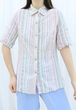 90s Vintage Pastel Multicoloured Striped Shirt (Size S)