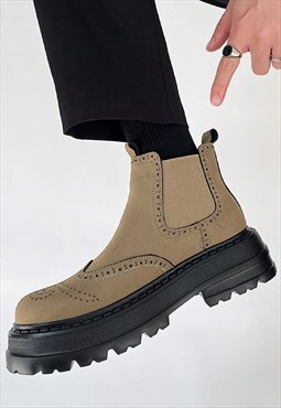 High platform brogue boots chunky platform shoes in khaki