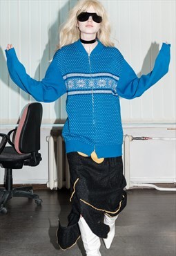 Vintage 90's nordic print zip-up jumper in cobalt blue