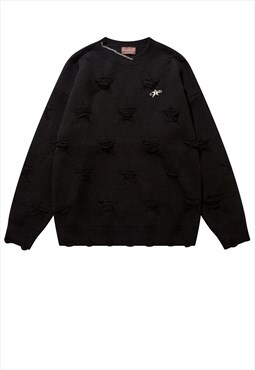 Ripped sweater distressed knitwear jumper star top in black