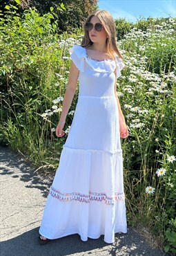 70's Vintage White Cotton Ladies Folk Hippy Maxi Dress