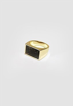 Women's Long Black Marble Face Signet Ring - Gold