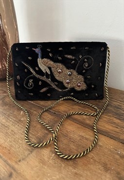 70's Vintage Black Velvet Bag Peacock Beaded Gold 