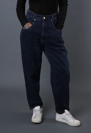 HIGH WAISTED DENIM JEANS TAPERED LEG UK 12 VINTAGE (B63P)