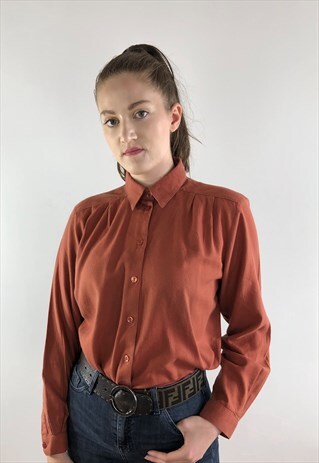 WOMENS VINTAGE 80S SHIRT COPPER BROWN LONG SLEEVE BLOUSE
