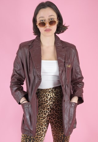 VINTAGE 90S LEATHER JACKET TRENCH COAT IN MAROON RED BROWN
