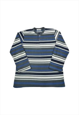 Vintage Fleece Button Up Sweater Retro Striped Ladies XL