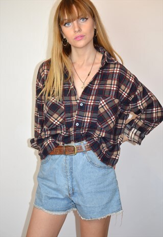 VINTAGE BROWN AND NAVY CROPPED FLANNEL CHECK SHIRT