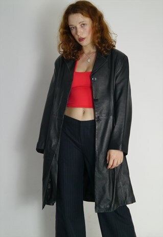 VINTAGE 90S BLACK LEATHER TRENCH LONG COAT JACKET