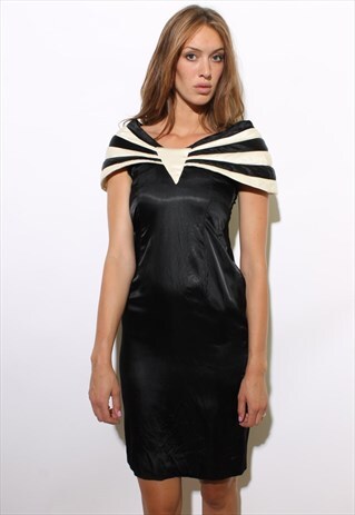VINTAGE 1960'S 60'S UNIQUE BLACK & WHITE SATIN DRESS XS-S