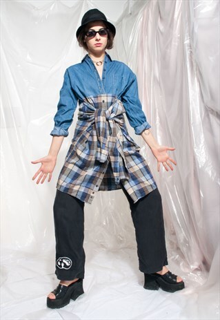 VINTAGE SHIRT DRESS 90S REWORKED DENIM PLAID TIE DRESS