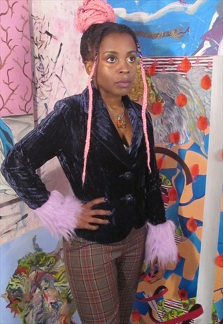 REWORKED VINTAGE PURPLE BLAZER WITH FAUX FUR CUFFS.