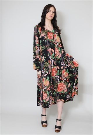 Vintage 70's Slinky Black Floral Smock Midi Dress