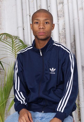 VINTAGE ADIDAS LOGO THREE STRIPE TRACK JACKET NAVY BLUE