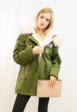 Parka Coat with Faux Fur Trim Hood and Patches in Pink/Green