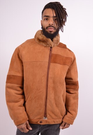 MENS VINTAGE SUEDE SHERPA JACKET LARGE BROWN 90S