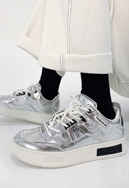 Platform sneakers holographic trainers in white silver