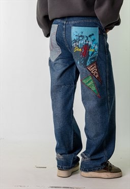 Blue Denim 90s Baggy Hip Hop  Cargo Skater Trousers Pants