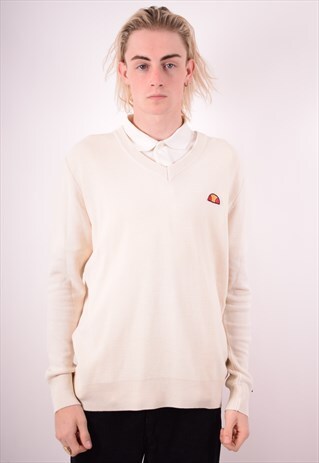 ELLESSE MENS VINTAGE JUMPER SWEATER LARGE WHITE 90S