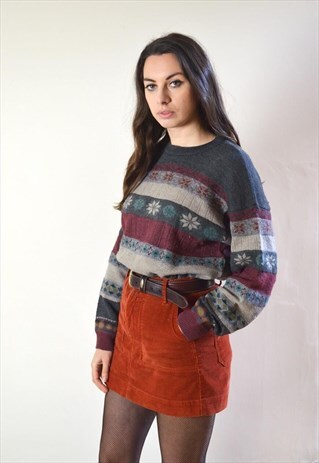 80S VINTAGE GREY & RED FLOWER PATTERN KNIT JUMPER