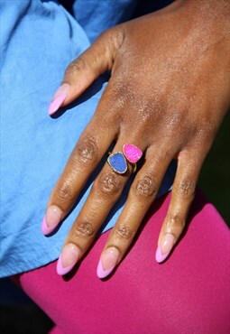 Blue Pink Druzy Gold Adjustable Ring