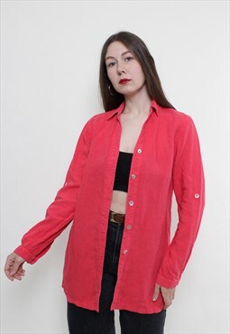Vintage 90s linen blouse, pink oversized blouse button up 