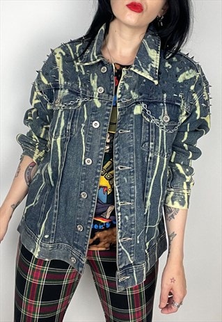 VINTAGE REWORKED BLEACHED STUDDED DENIM JACKET SIZE M/L