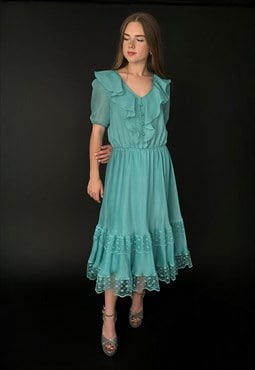 70's Vintage Green Short Sleeve Ruffle Pleated Dress