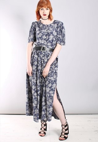 VINTAGE 80S FLORAL THIGH SPLIT BUTTON MAXI DRESS