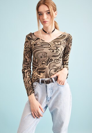 90'S GOES 70'S ABSTRACT PRINT SHIMMER KITSCH TOP BLOUSE