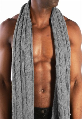 ESSENTIAL WOOL CABLE TEXTURED TASSEL SCARF - CHARCOAL GREY