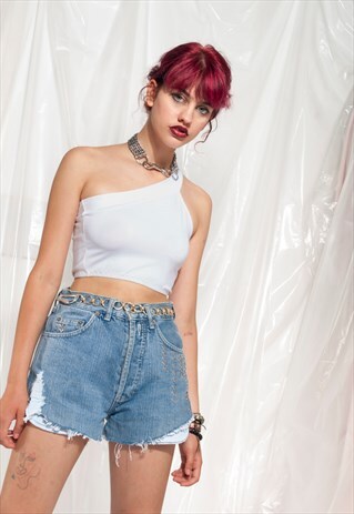 VINTAGE DENIM SHORTS 90S REWORKED FRAYED STUDDED CROP JEANS