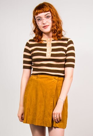 VINTAGE 70'S BROWN STRIPED PATTERN RIBBED KNIT TOP