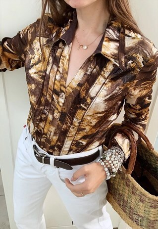 VINTAGE Y2K 00S BIBA ABSTRACT PRINT SHIRT BLOUSE TOP