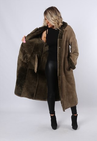 SHEEPSKIN SUEDE LONG COAT JACKET SHEARLING UK 14 (C8DF)