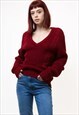 80s Vintage Pure Wool V Neck Maroon Sweater Jumper Top 4986