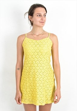 Women's S 70's Summer Dress Yellow Zip Up Guipure Straps