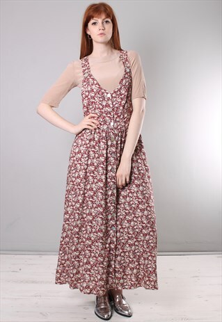 VINTAGE 80S RED FLORAL PATTERNED LONG PINAFORE DRESS